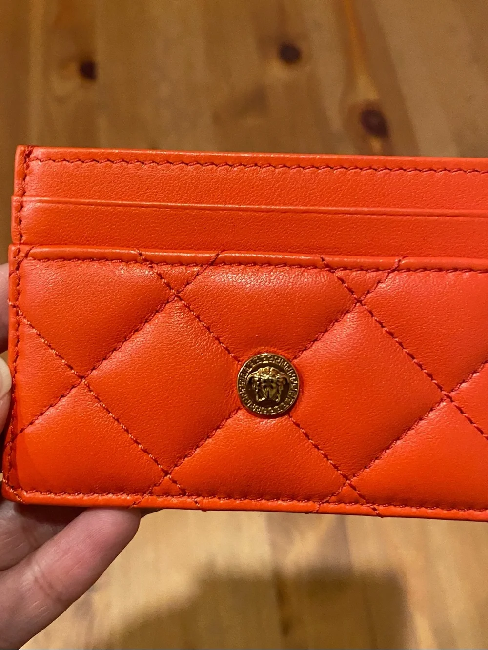 Versace Quilted Orange Medusa Leather Card Holder with Box and Dust Bag