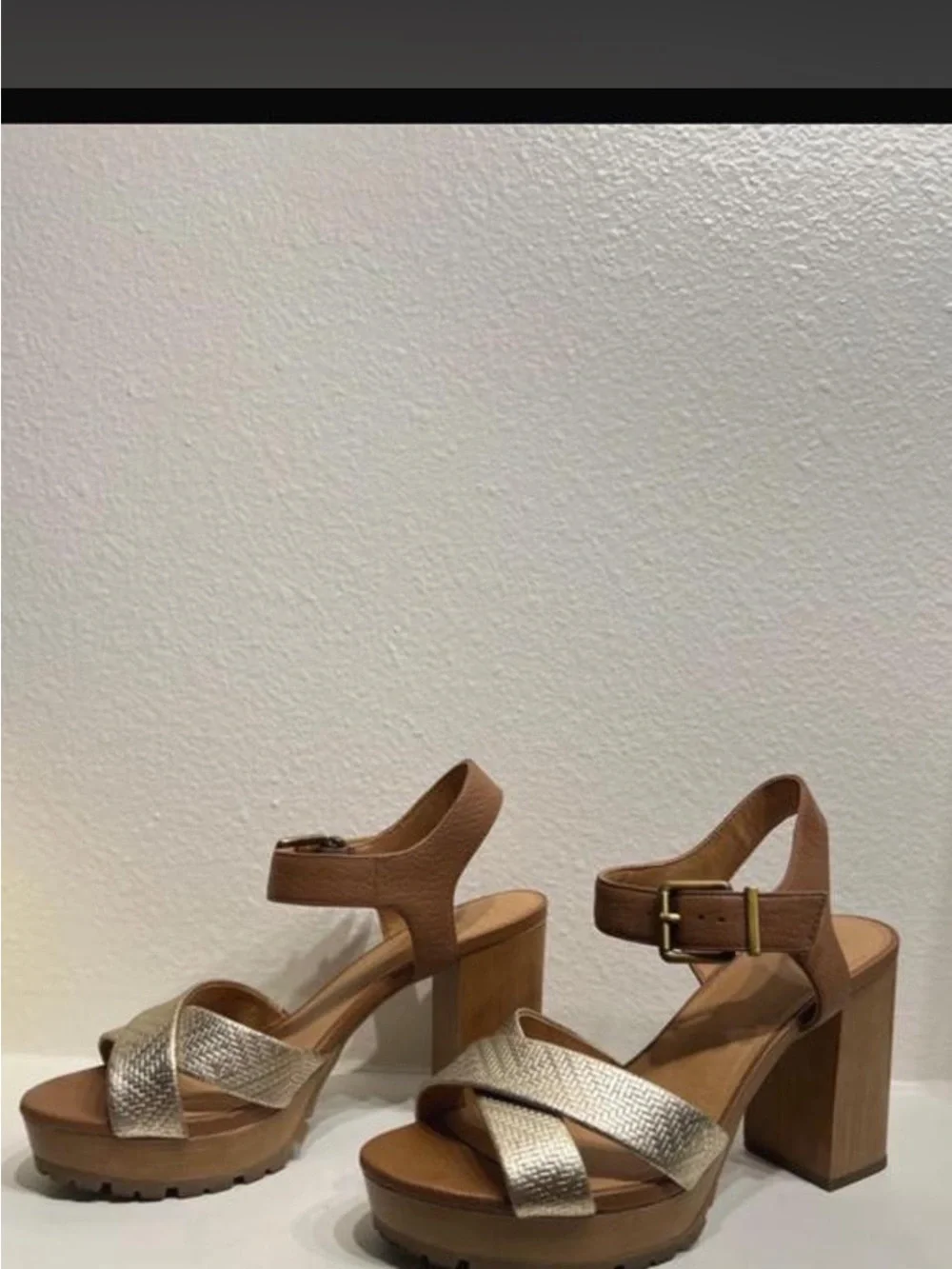 Crown Vintage Platform Block Heel Sandals in Metallic and Tan