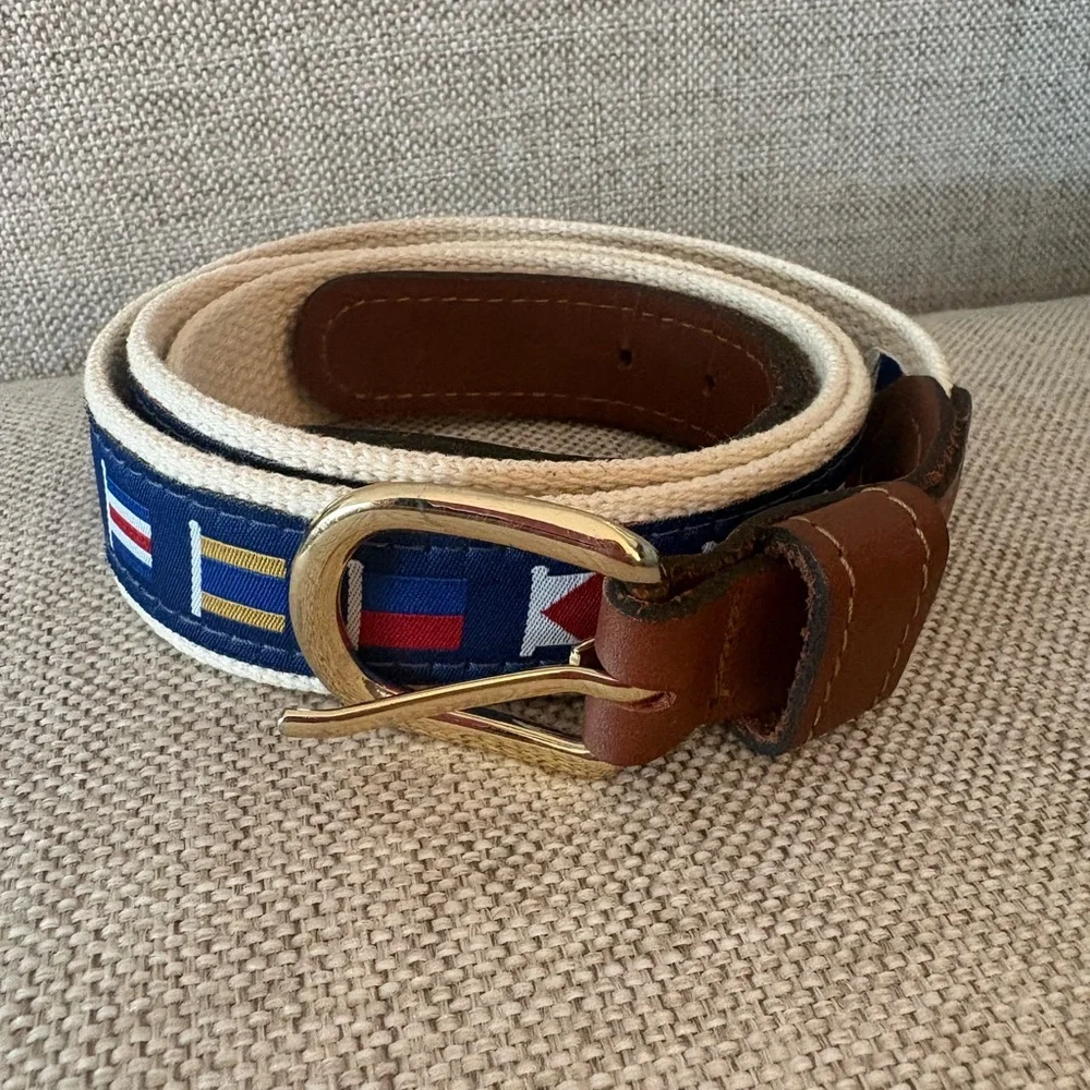 Navy Nautical Ribbon Canvas Belt with Brown Leather Trim