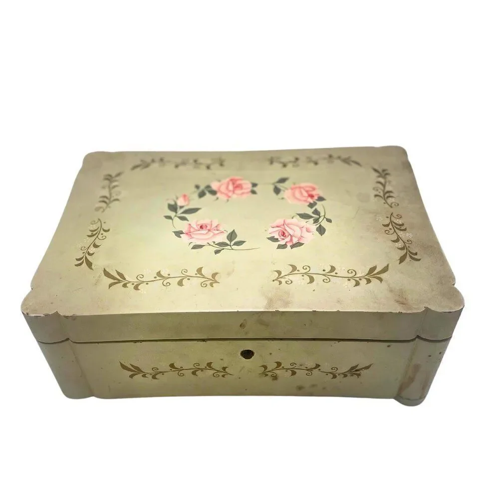 Rare 1940s Antique Lacquerware Pink Floral Mint Green Tokiwa Musical Jewelry Box