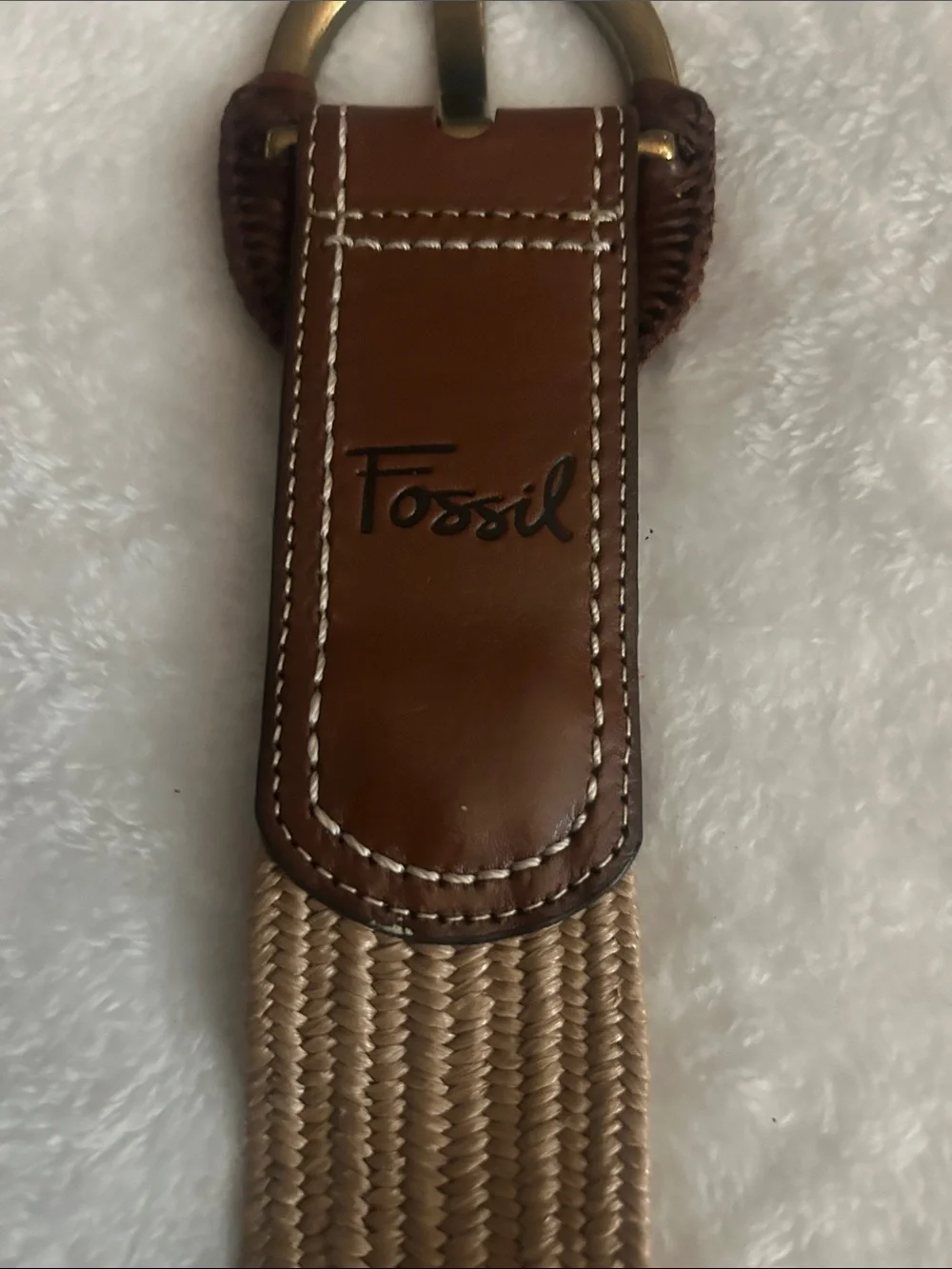 Fossil Women’s  Beige Woven Elastic Belt with Brown Leather Trim