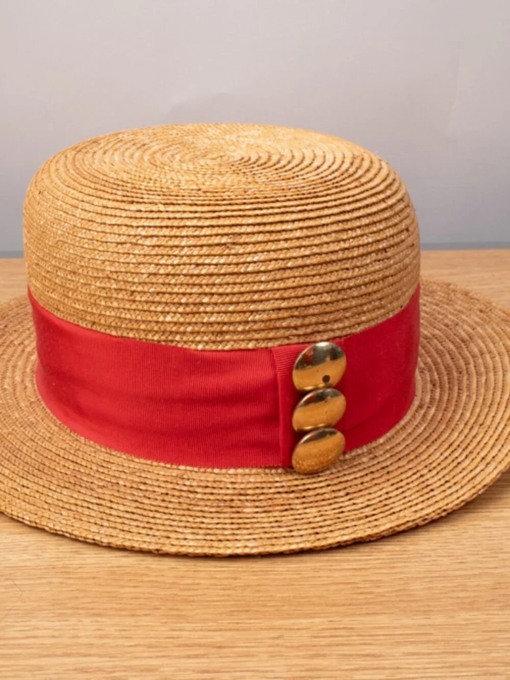 Patricia Underwood Straw Hat With Red Stripe and Gold Button Detail See Details