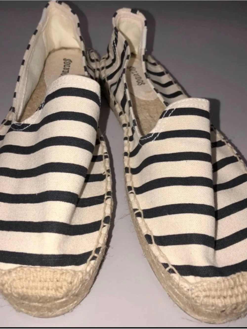 Soludos Black and Cream Striped Espadrille Slip-Ons size 10