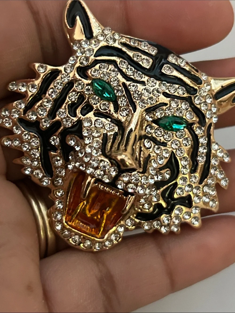 Crystal Tiger Brooch with Emerald Eyes and Amber Tongue