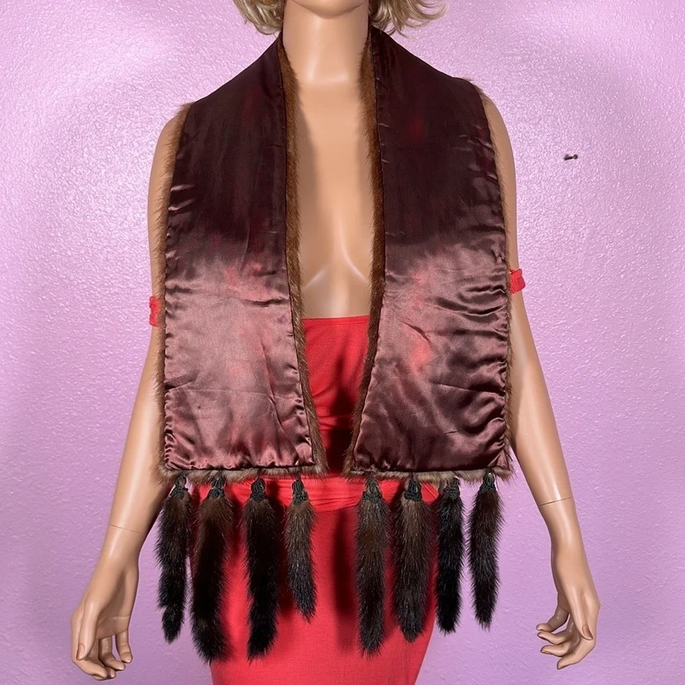 GENUINE MINK AND TAILS SCARF Shawl Stole Brown striped 1940s fantastic condition