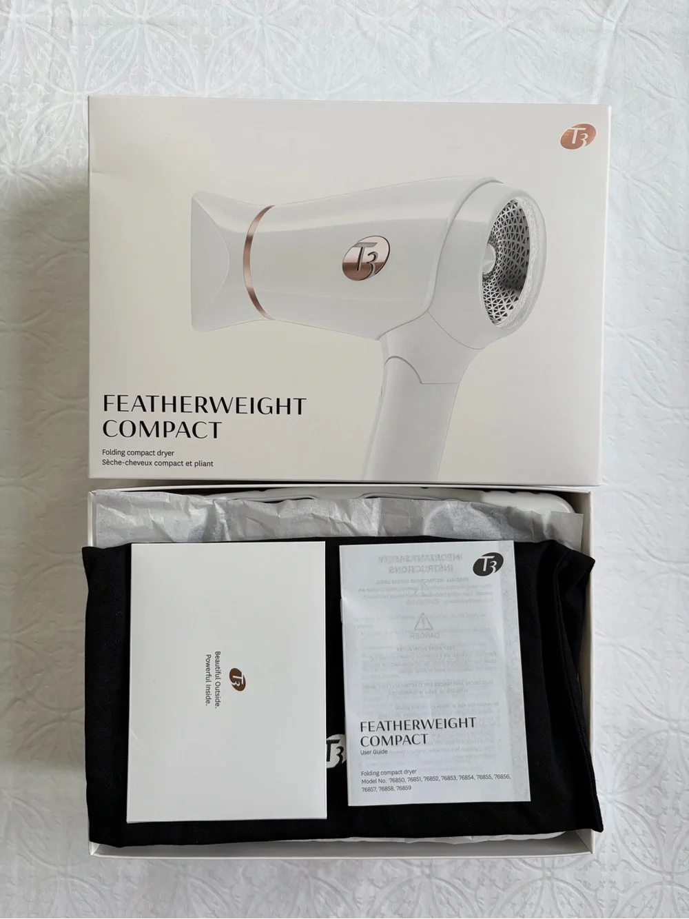T3 Featherweight Compact Folding Hair Dryer in White with Rose Gold Accents