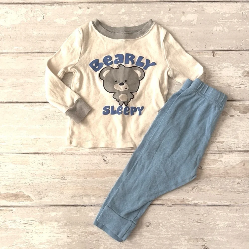 Baby Boy 18m Pajamas Set Long Sleeve Pjs Blue White Bear Print Toddler Pajamas