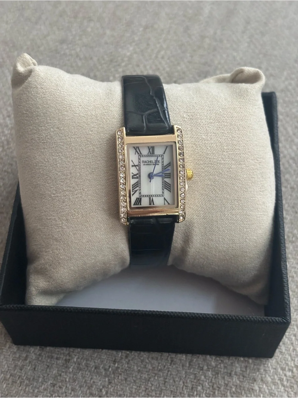 Rachel Zoe Black Leather Strap Gold-Tone Crystal Rectangle Watch