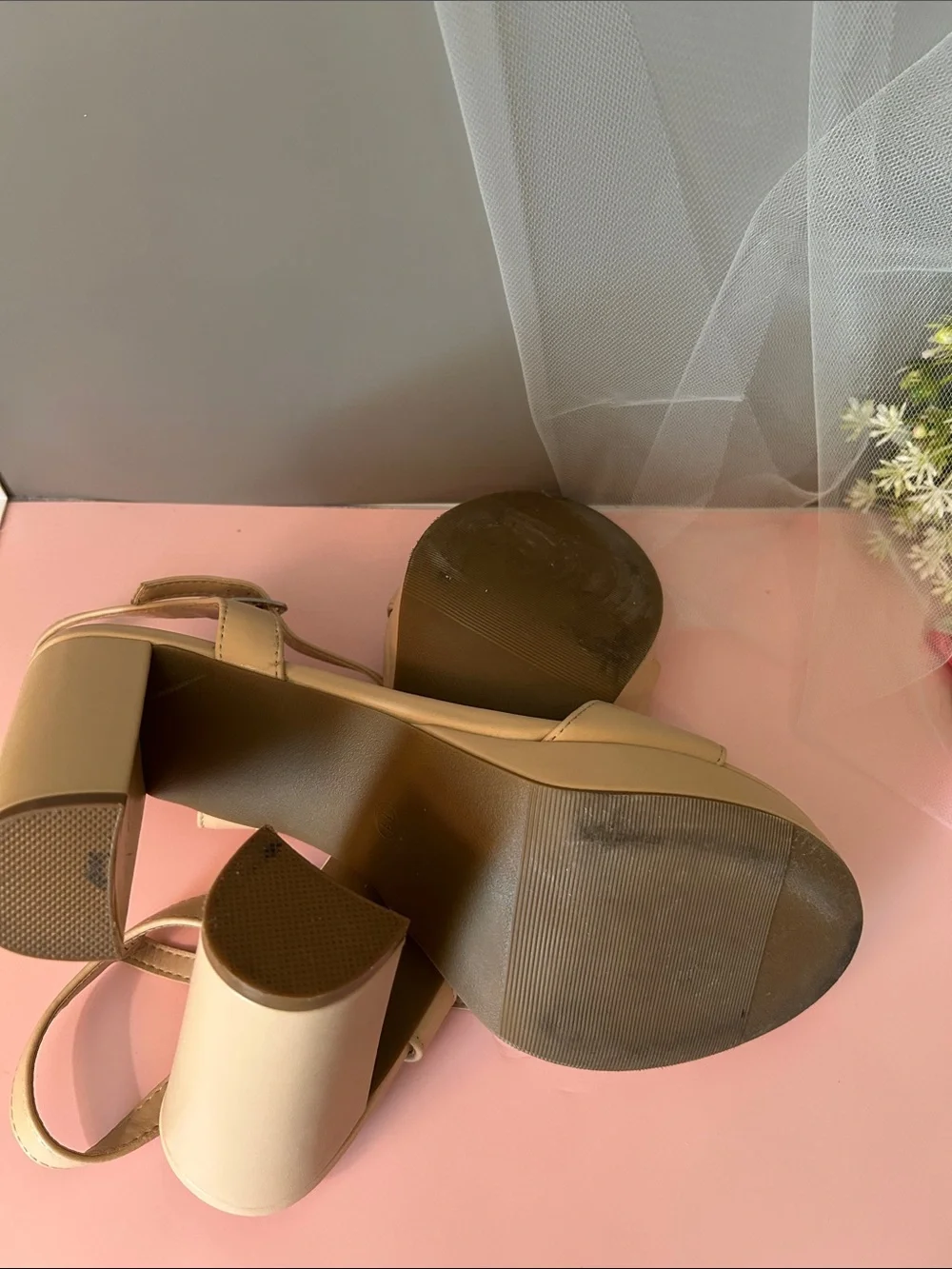 Nude Beige Block Heel Platform Sandals with Ankle Strap Like new