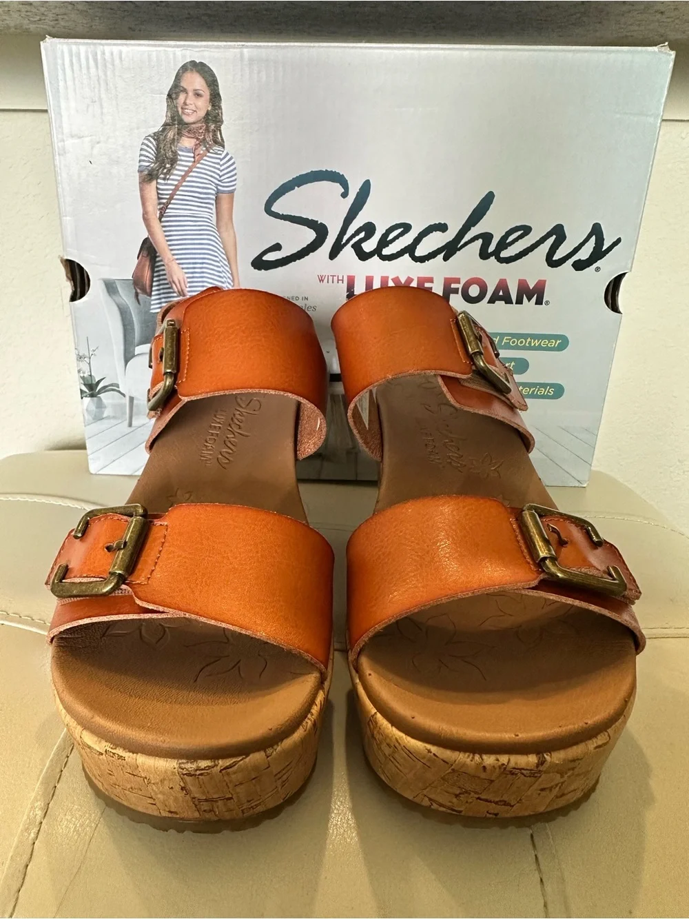 Skechers Luxe Foam Cork Wedge Sandals Chestnut Double Buckle