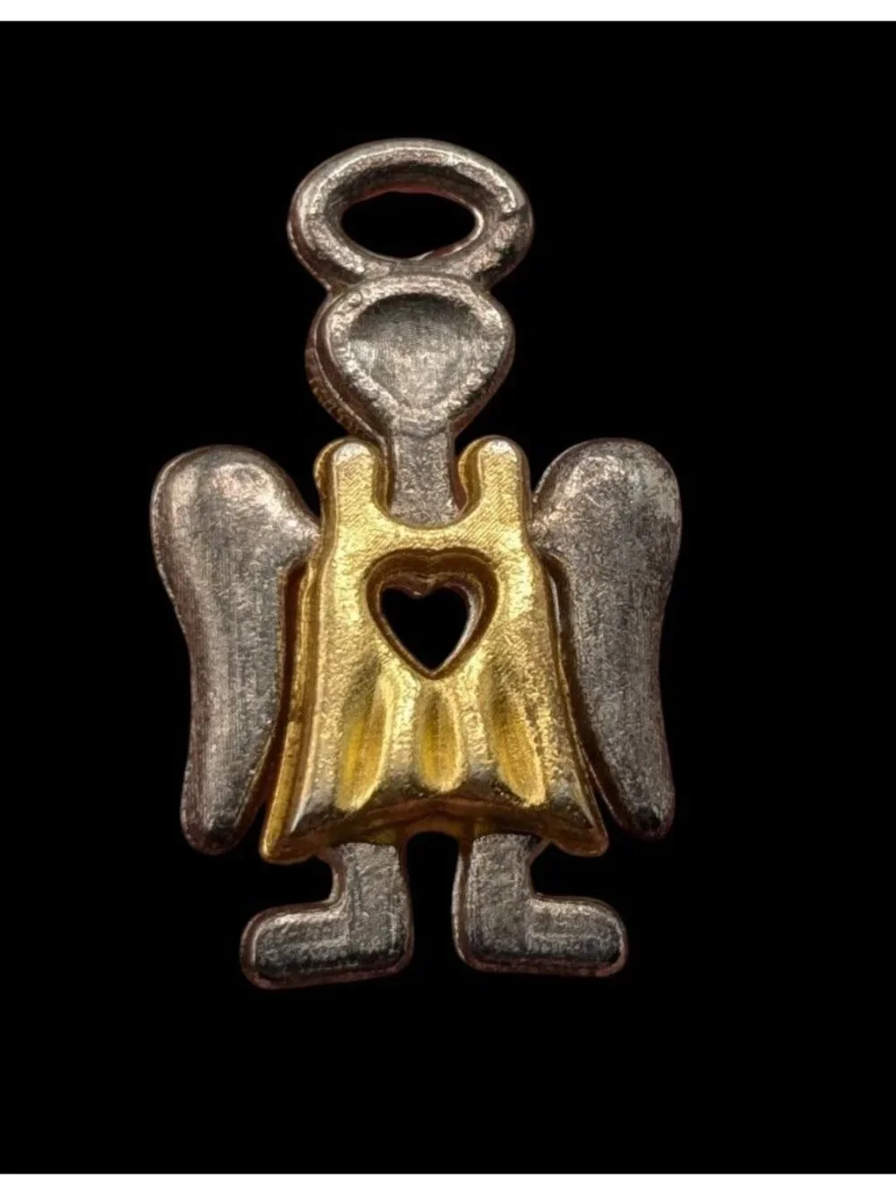 Vintage Guardian Angel Lapel Pin Silver Tone & Gold Heart Accent Cutout