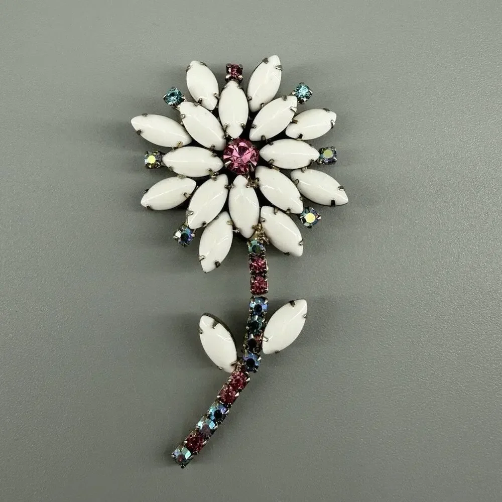 Vintage White Milk Glass Rhinestone Flower Brooch Pink AB Blue Floral Stem Pin