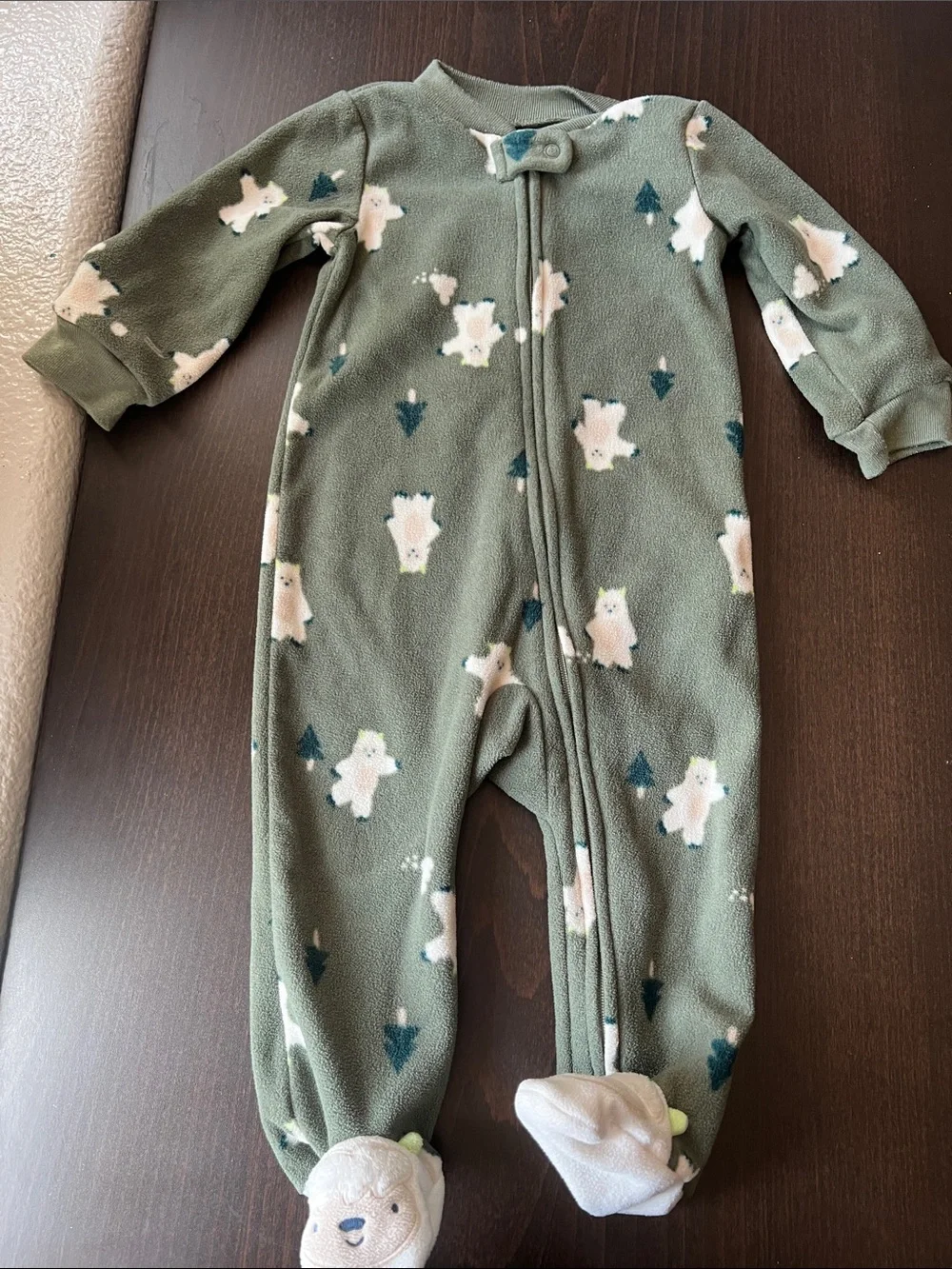 Plush Polar Bear Print Olive Green Kids One-Piece
