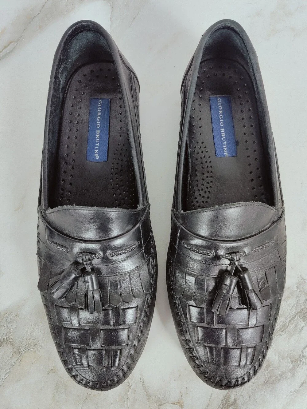 Giorgio Brutini Men's Antigua Black Leather Woven Tassel Loafer Dress Shoes, 11