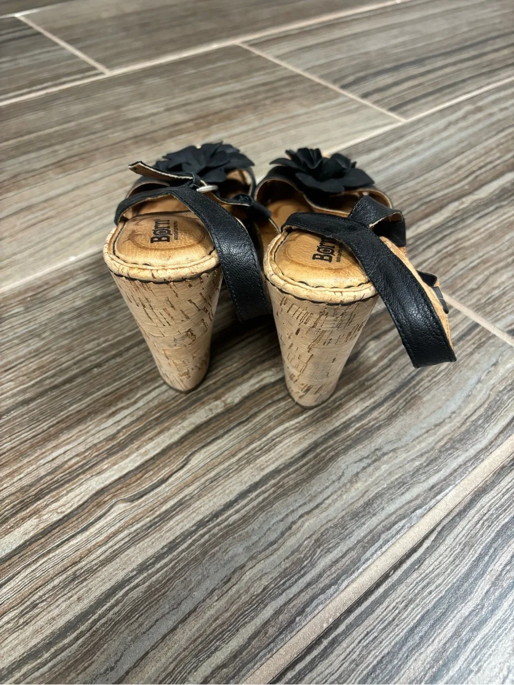 Born Wedge Sandals with Floral Accent - Black and Cork