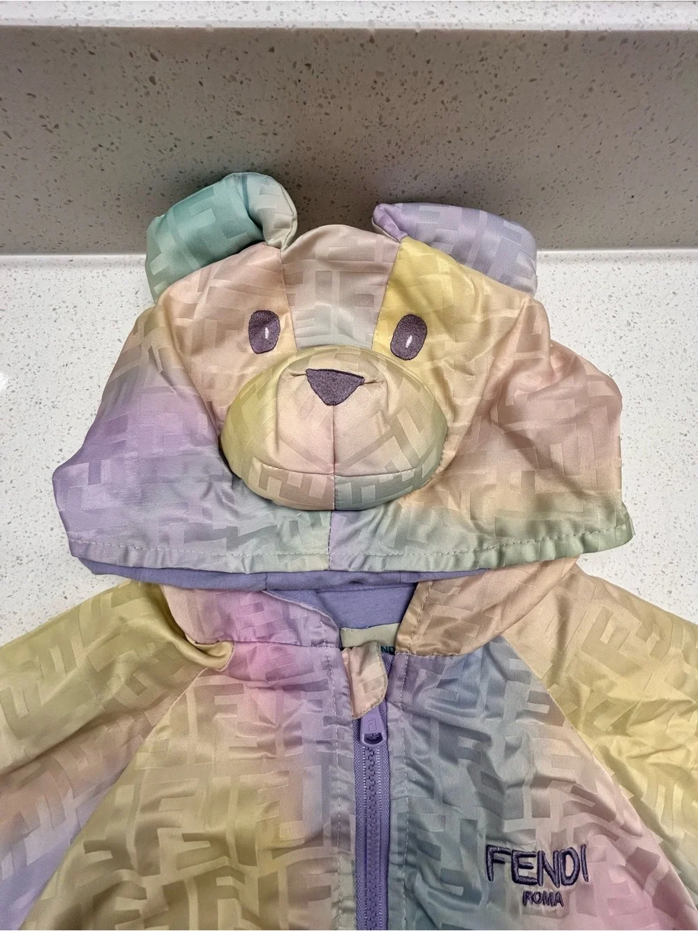 Fendi Pastel Rainbow Bear Hooded Puffer Jacket