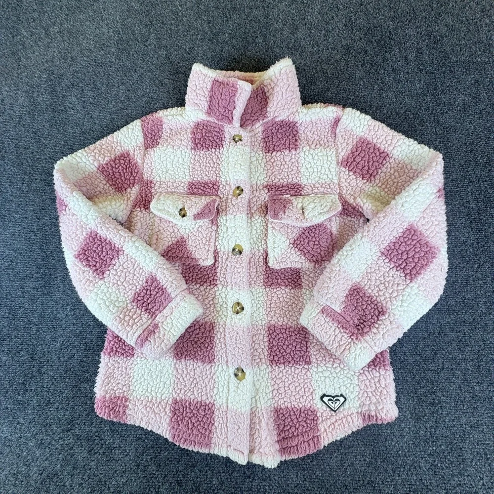 Roxy Shacket Girls XL Pink White Plaid Logo Sherpa Faux Fur Pockets READ