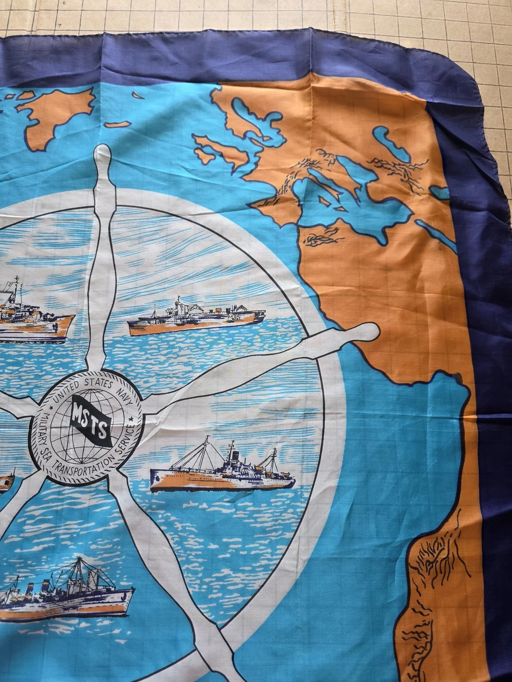 Vintage Blue U.S. Navy MSTS Military Sea Transportation Service Scarf Map 31x31