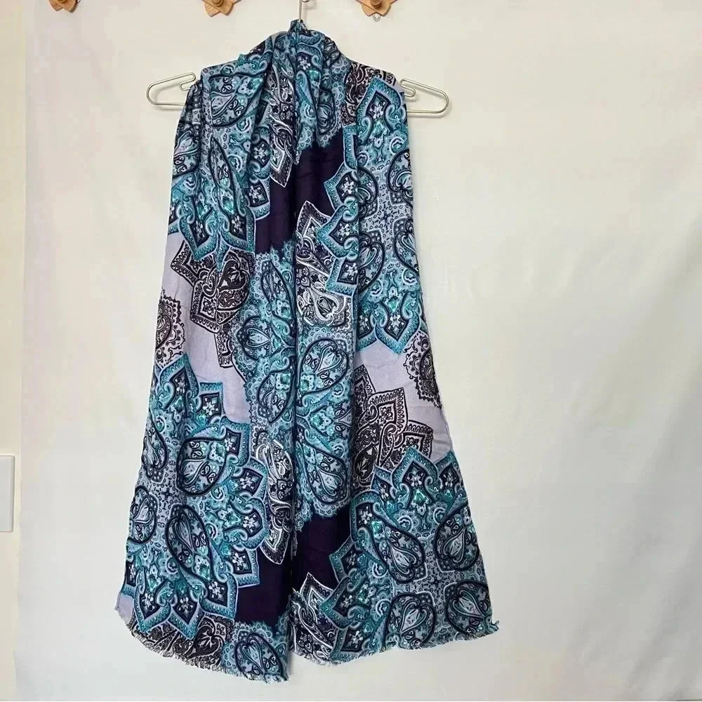 Chico's Oblong Scarf Mosaics Prints Purple/Blue Multicolor Lightweight 72