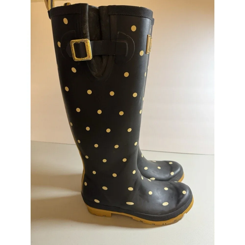 Joules Womens Molly Welly Tall Rain Boots, Polka Dot US Size 8 Black Yellow Cute