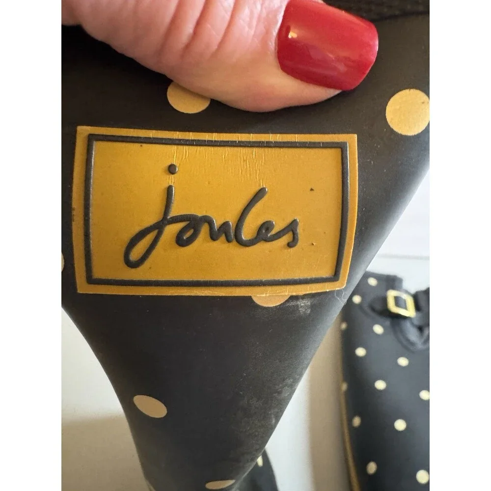 Joules Womens Molly Welly Tall Rain Boots, Polka Dot US Size 8 Black Yellow Cute