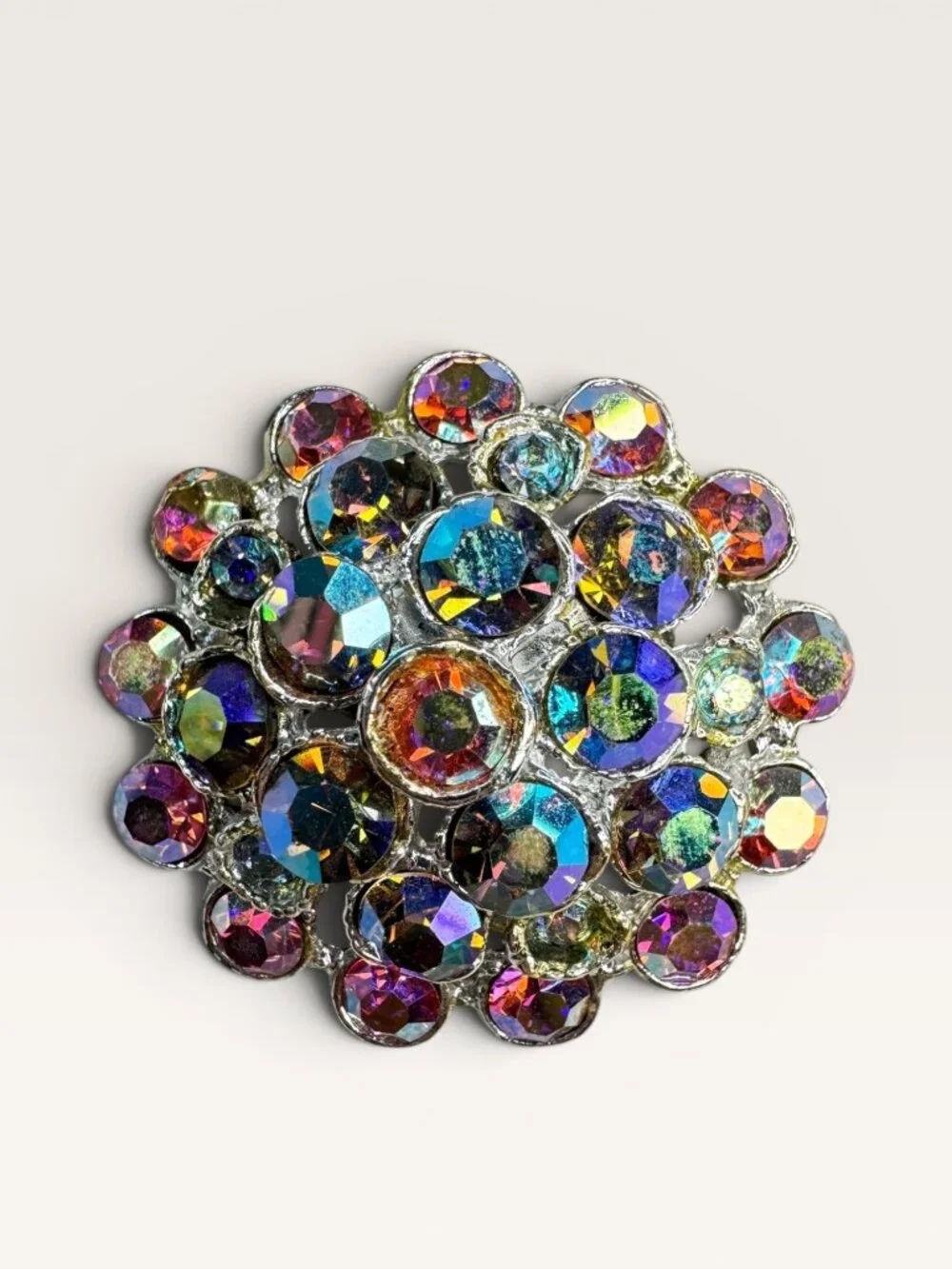 1960s Aurora Borealis Rhinestone Cluster Brooch Round Silver Tone Vintage
