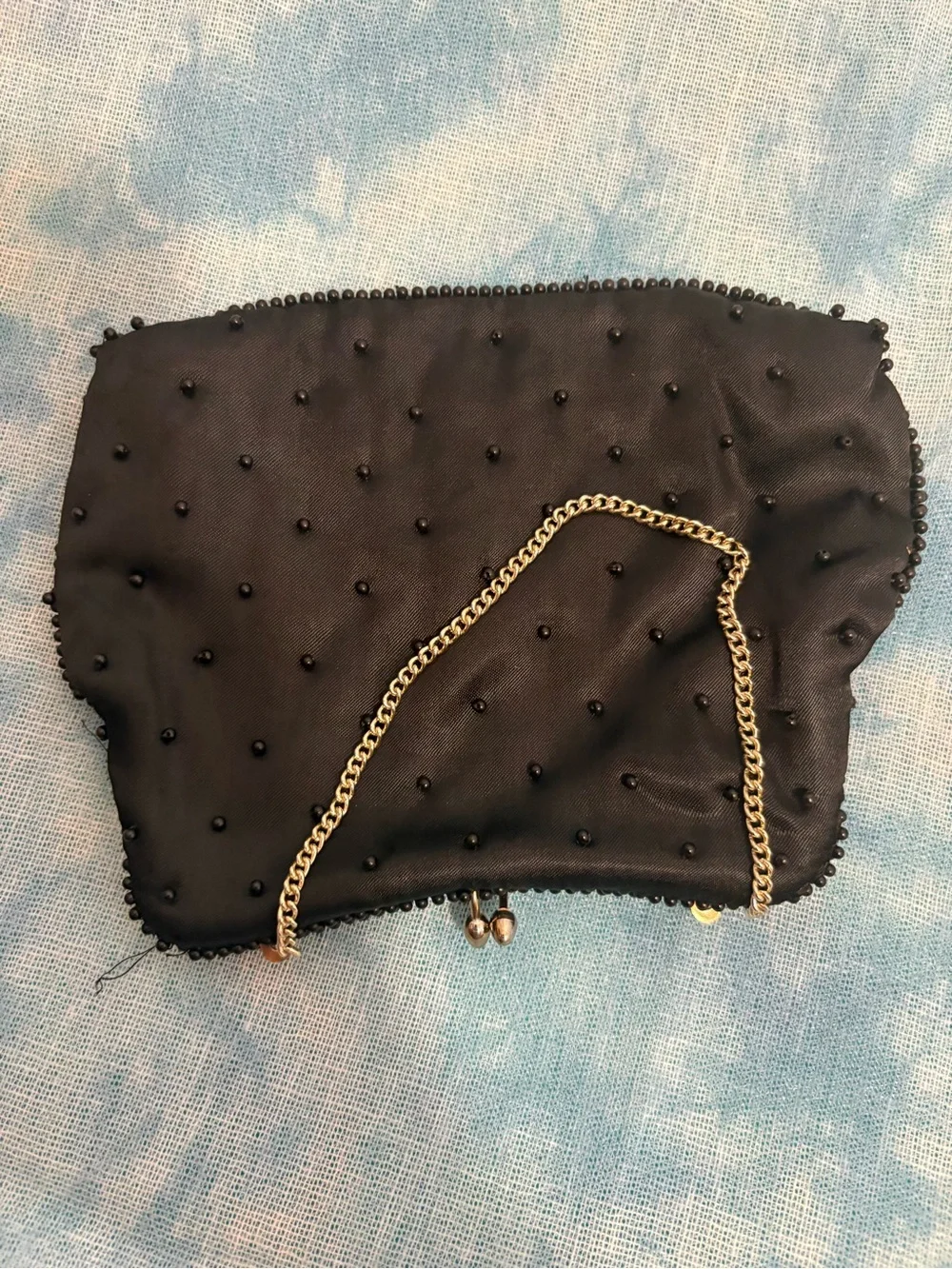 Vintage Japanese Beaded Black Evening Handbag with Gold Chain