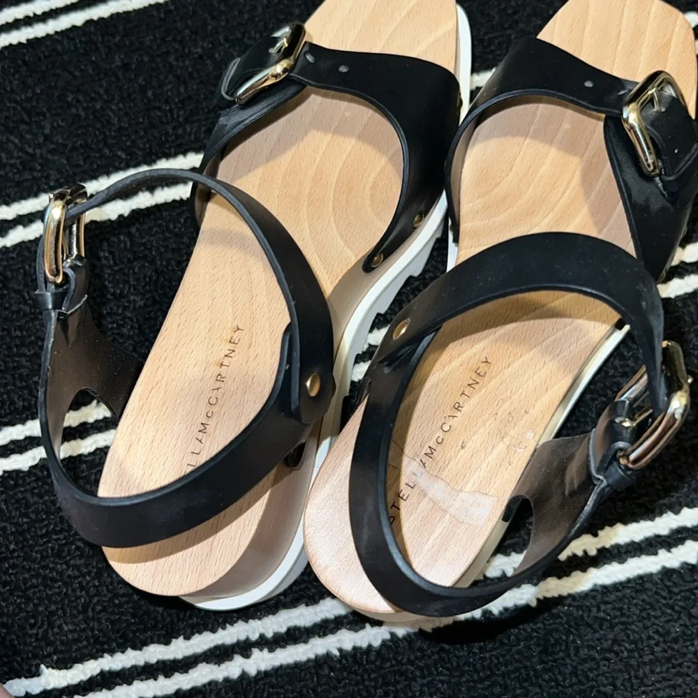 Stella McCartney Black White Elyse Wedge Wood Platform Buckle Sandals