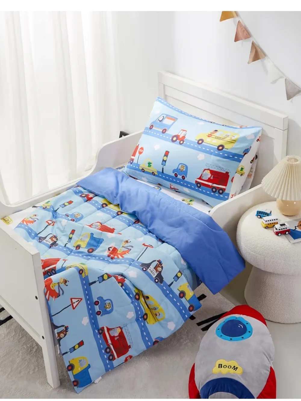 4-Piece Toddler Bedding Set Cars bus  Roads Blue Stop Sign Police