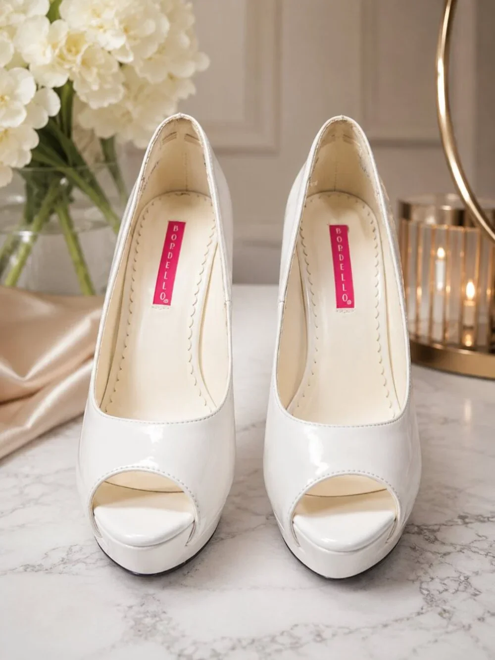 Bordello White Patent Peep Toe Platform Stiletto Heels Size 6