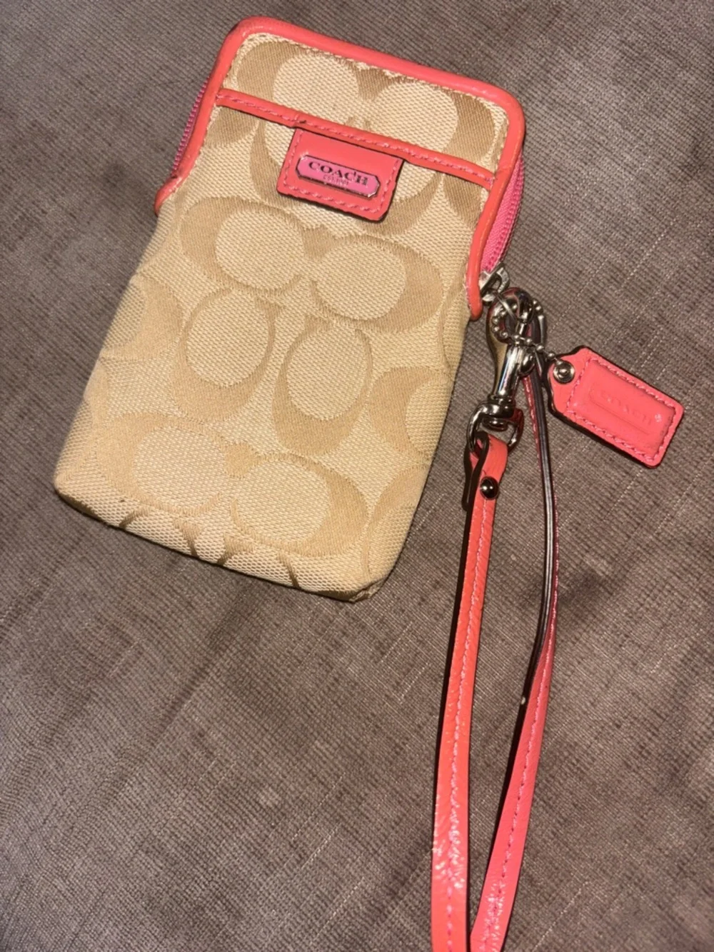 Coach Beige Signature Canvas Wristlet with Coral Trim