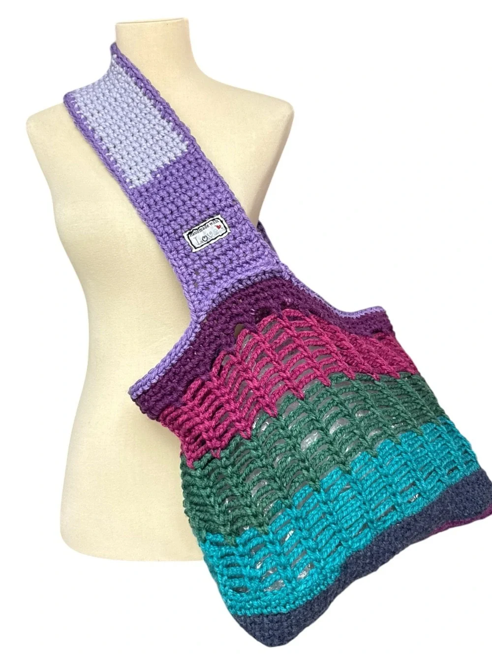Handmade Crochet Colorblock Market Tote Bag Purple Teal Pink Boho Festival Bag