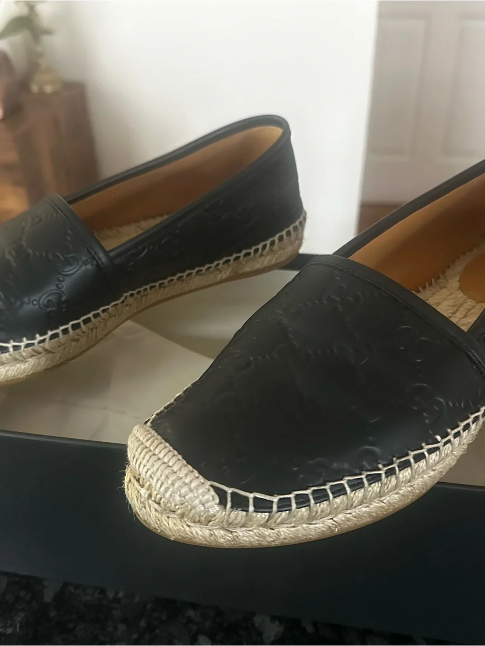 Gucci Black Embossed Leather Espadrilles with Jute Trim
