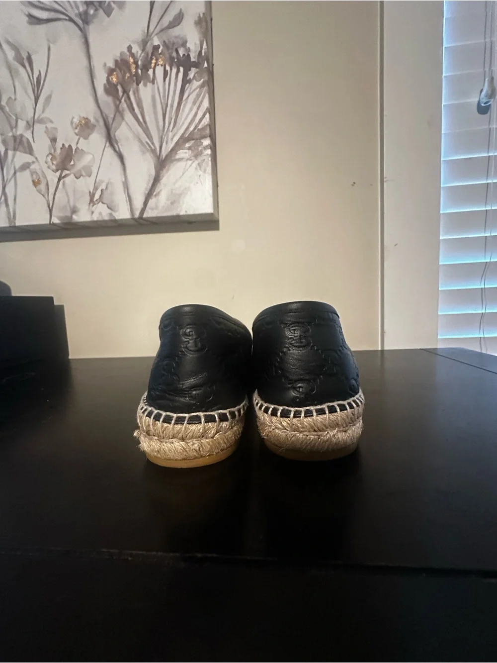 Gucci Black Embossed Leather Espadrilles with Jute Trim
