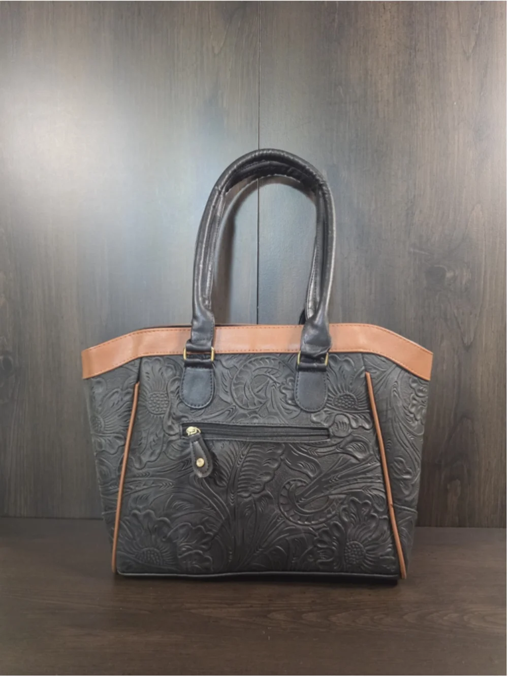 Black Brown Cross Stitch Embossed Tooled Artisan LEATHER Shoulder Bag Purse