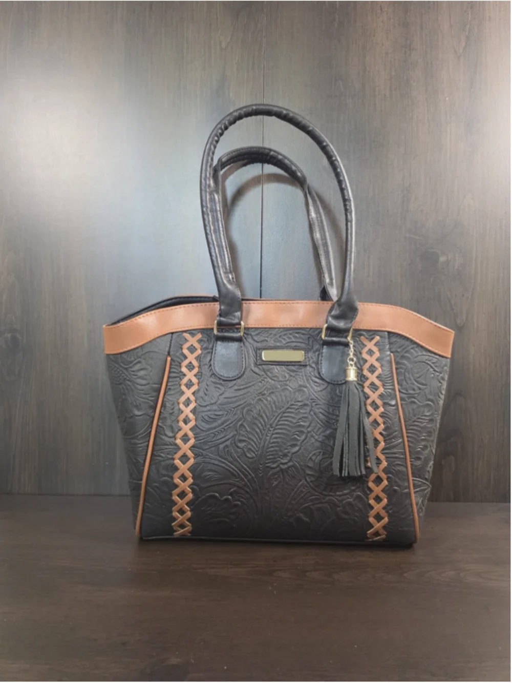 Black Brown Cross Stitch Embossed Tooled Artisan LEATHER Shoulder Bag Purse