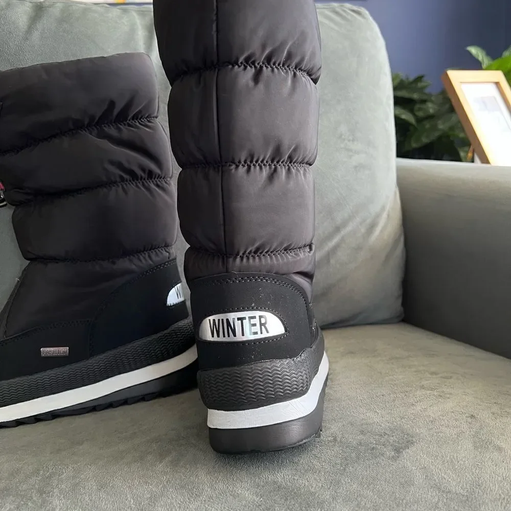 SNOW boots fleece lined platform black waterproof cotton NWOT
