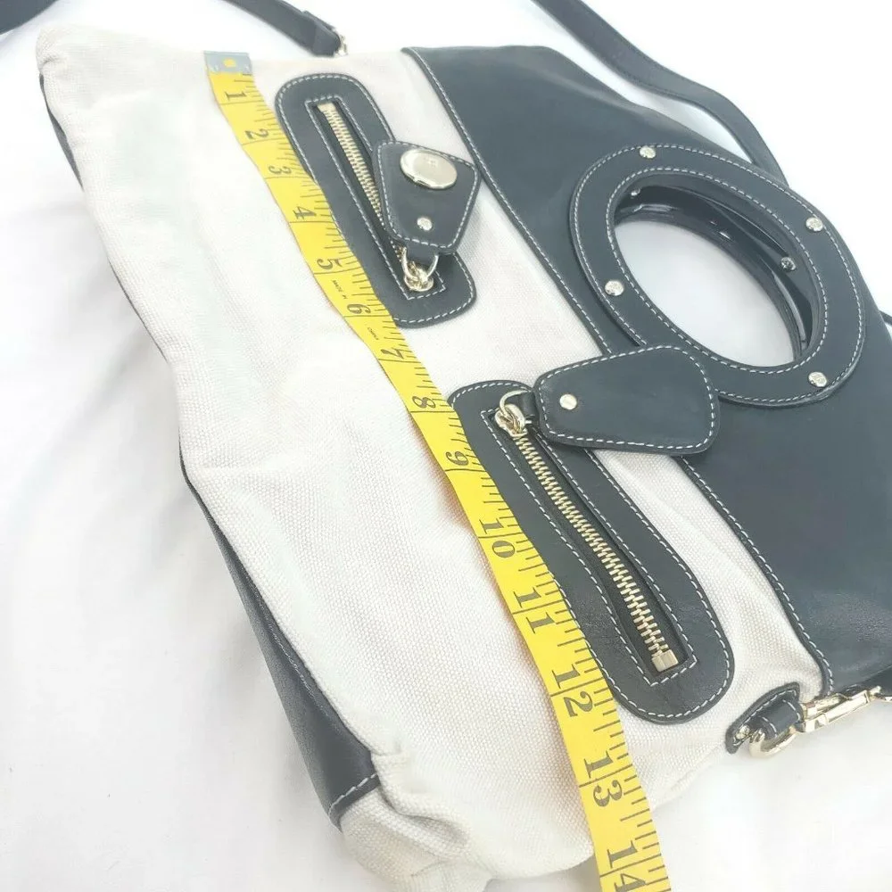 Kate Spade Womens Black Cream Canvas Leather Zip Pockets Crossbody Handb…