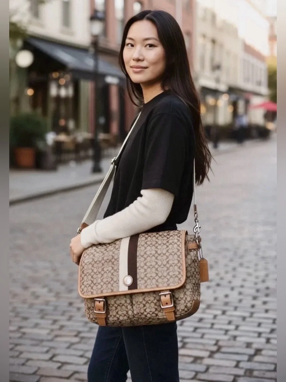 Coach Signature Canvas Crossbody Messenger in Khaki and Chalk with Brown Trim.