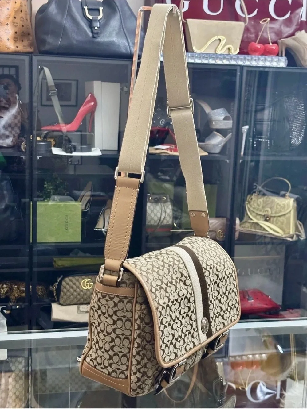 Coach Signature Canvas Crossbody Messenger in Khaki and Chalk with Brown Trim.