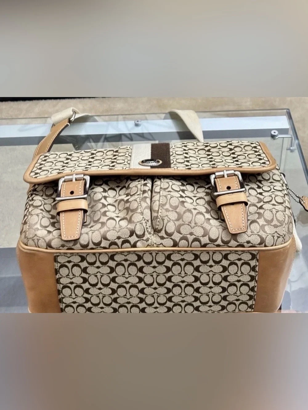 Coach Signature Canvas Crossbody Messenger in Khaki and Chalk with Brown Trim.