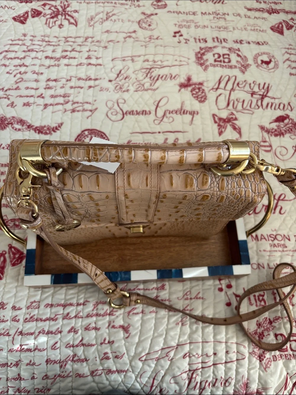 Brahmin Olivia Rose Tan Croc-Embossed Leather Satchel with Gold Hardware
