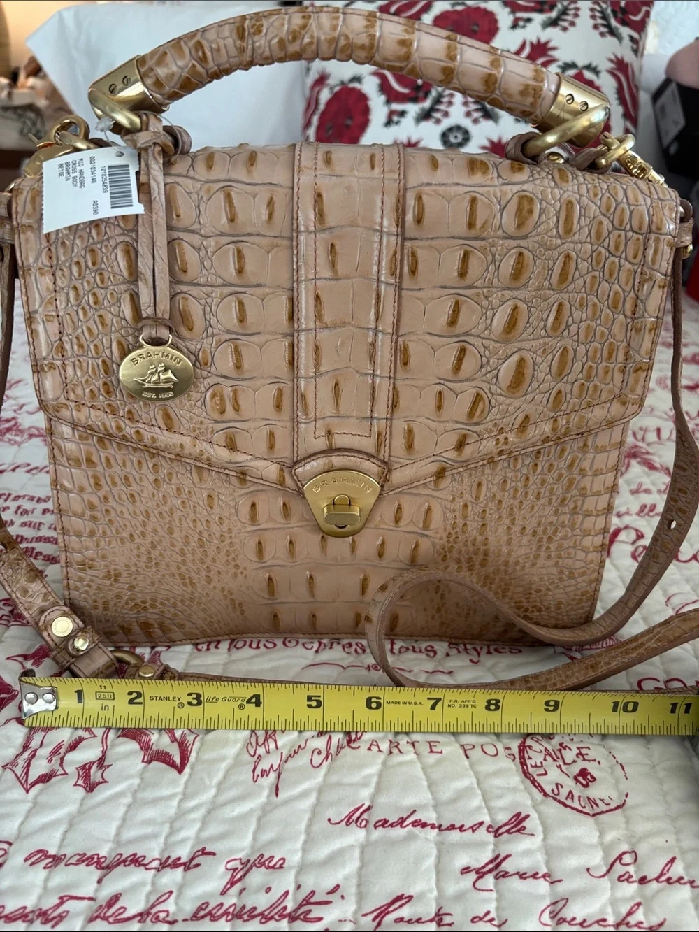 Brahmin Olivia Rose Tan Croc-Embossed Leather Satchel with Gold Hardware