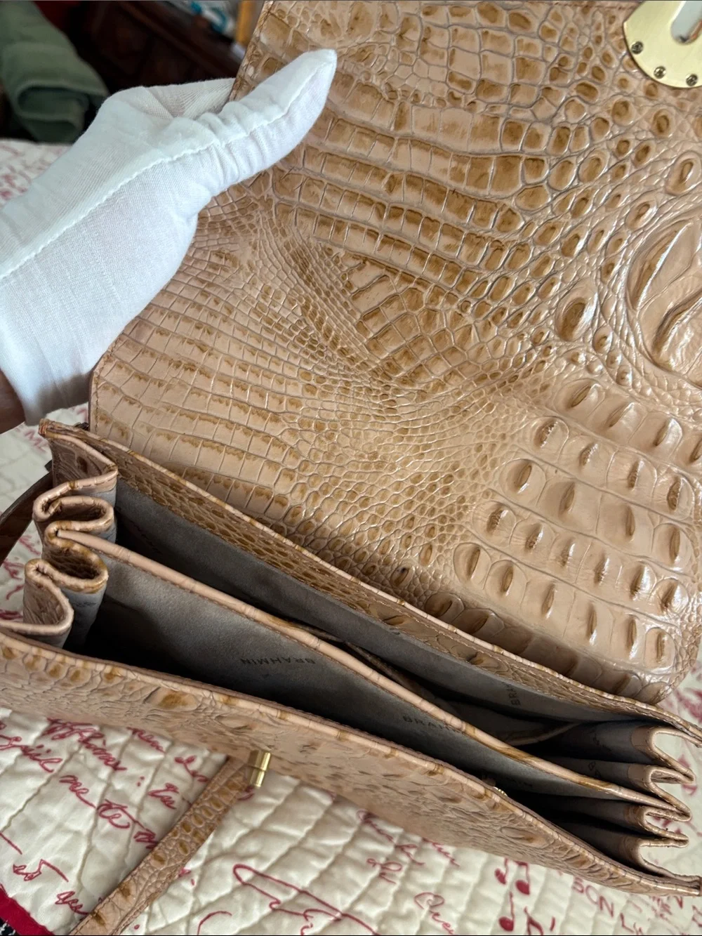 Brahmin Olivia Rose Tan Croc-Embossed Leather Satchel with Gold Hardware