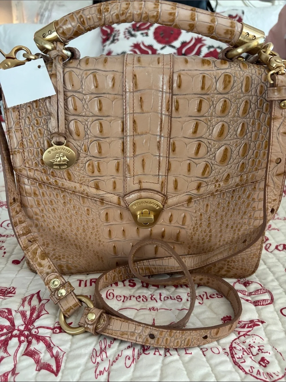 Brahmin Olivia Rose Tan Croc-Embossed Leather Satchel with Gold Hardware