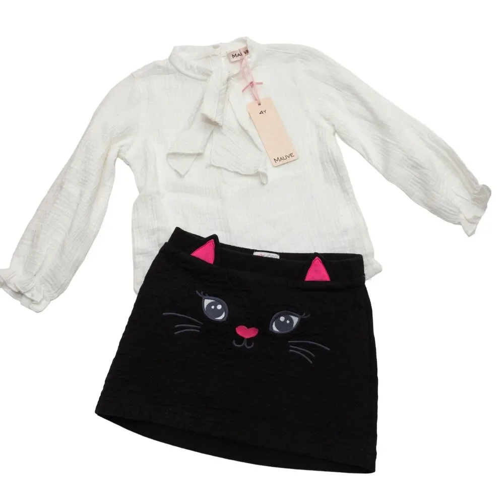 Mauve Girls 4T Cream Cotton Tie Neck Blouse Children's Place Cat Skirt Outfit