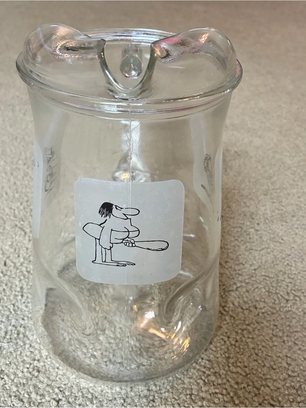B C Comics Johnny Hart Grog 64 OZ Pitcher Dimpled Bottom Clear Glass 1970s
