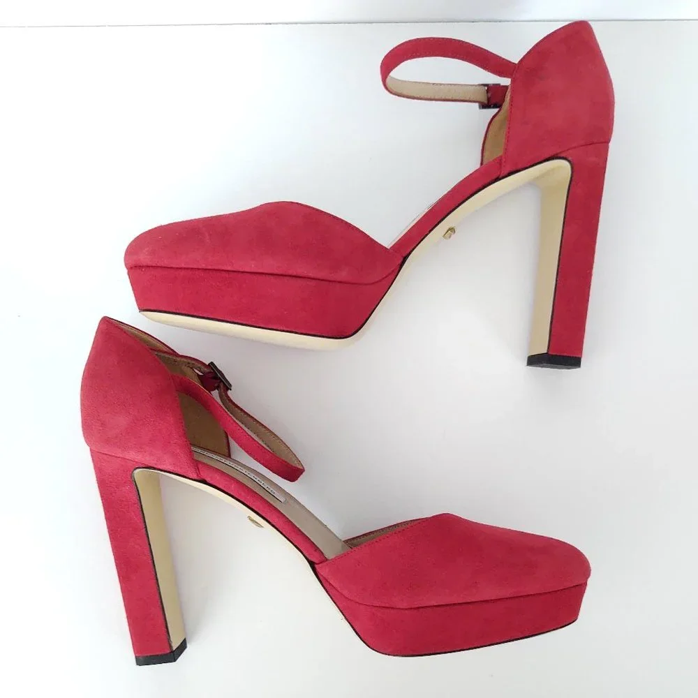 Crimson red suede ankle strap platform pump