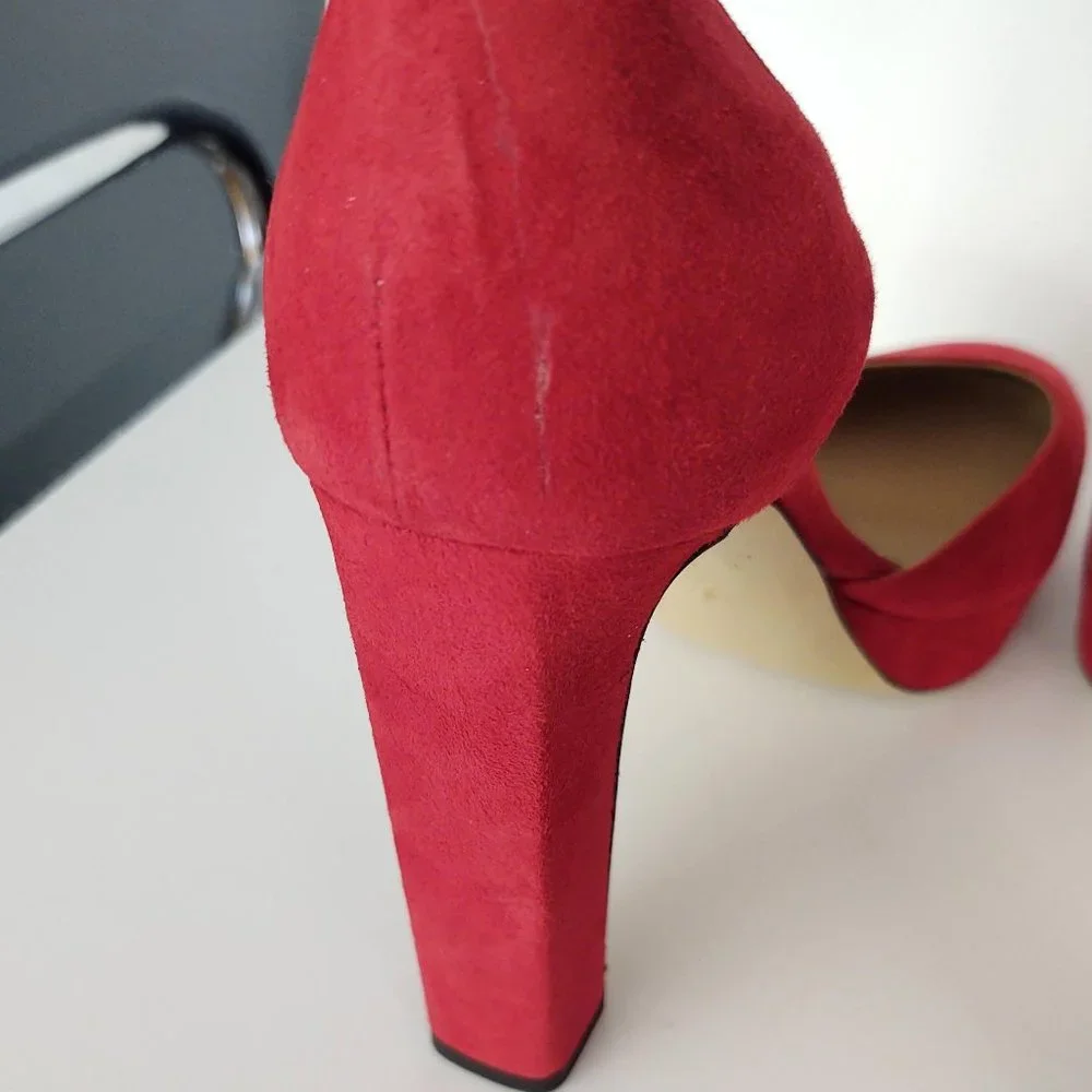 Crimson red suede ankle strap platform pump
