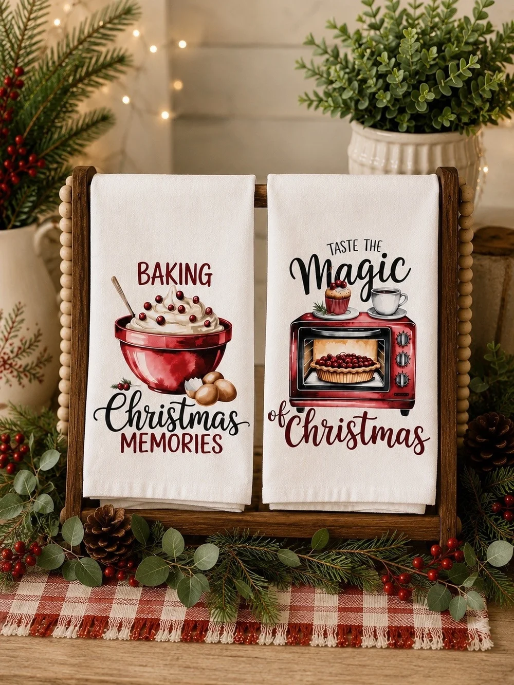 Christmas Baking Tea Towels - Red & White Holiday Kitchen Set